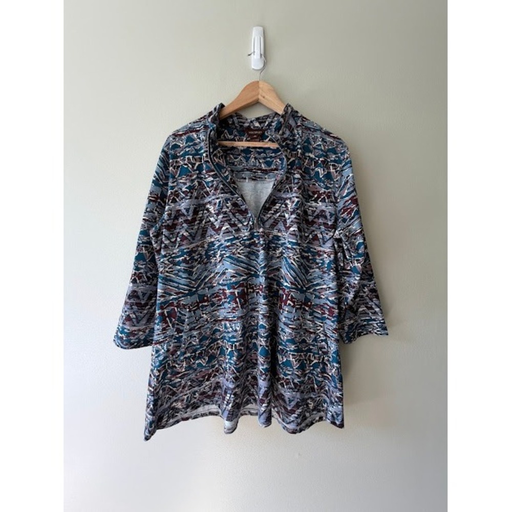 Southwestern Multiples Pullover Women XL Teal Abstract Geometric Quarter Zip Top